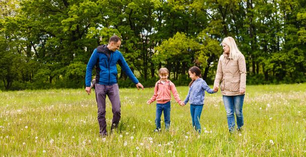 jeune famille marchent à travers un champ vert - Photo, image