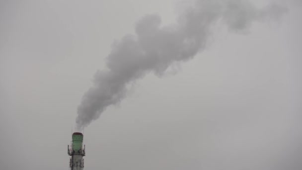 Fumo bianco spesso dal camino della pianta. Emissioni da un grande impianto. Volare vicino al camino fumante della fabbrica - Filmati, video