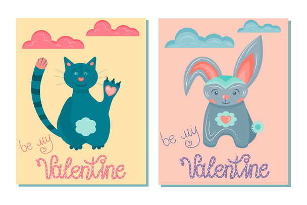 A set of greeting cards for Valentine's Day isolated on a white background. postcards with the inscription be my valentine with cute animals in the scandinavian style for february 14-valentine's day. - Vector, Image