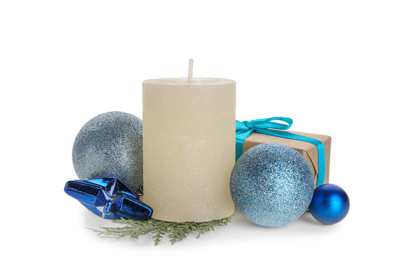 Beautiful Christmas composition with aroma candle on white background - Φωτογραφία, εικόνα