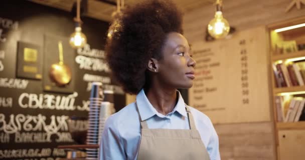 Крупный план портрета счастливой красивой афроамериканской молодой женщины-предпринимателя в фартуке, стоящей в собственной маленькой пекарне, смотрящей в камеру и улыбающейся в пекарне. Концепция бизнеса - Кадры, видео