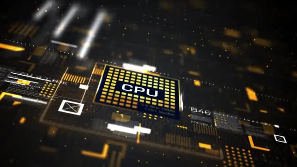 Tecnologia Circuito CPU di sfondo. Potere di elaborazione dell'intelligenza artificiale. Quattro animazioni virtuali per computer nell'industria futuristica della trasmissione dei dati. Primo piano - Filmati, video