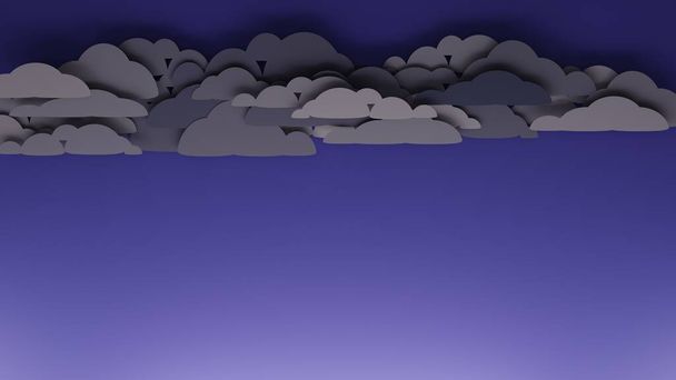 Heavy storm clouds on dark purple sky. Flat, papercut design digital render. - Photo, Image