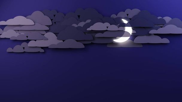 Moon shining through heavy clouds on dark purple sky. Flat, papercut design digital render. - Photo, Image