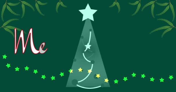 4K-Video Frohe Weihnachten animierten Text. Grüner Hintergrund mit Weihnachtsbaum, Sternen, Fichtenzweigen, Sternengirlanden. Frohe Weihnachten. 4K-Animation. Text eintippen. Winterurlaub Schriftzug animiert. - Filmmaterial, Video