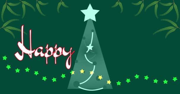 4K-Video Frohes neues Jahr animierten Text. Grüner Hintergrund mit Weihnachtsbaum, Sternen, Fichtenzweigen. Silvester. Weihnachtsbaum und Tannenzweige. Sternengirlande. 4K-Animation. Text eintippen. Winterurlaub - Filmmaterial, Video