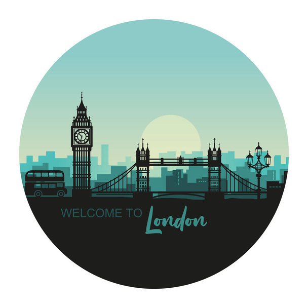 Abstract rond stadsgezicht van Londen met de bezienswaardigheden bij zonsondergang - Vector, afbeelding