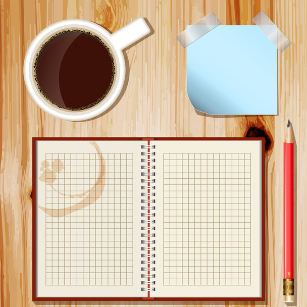Office desk with coffee cup, pencil and notepad - Vetor, Imagem