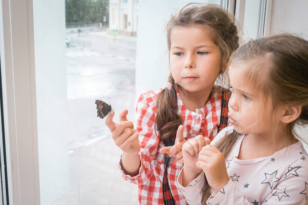 Two little girls sit on the windowsill and look at the swallowtail butterfly - Fotoğraf, Görsel