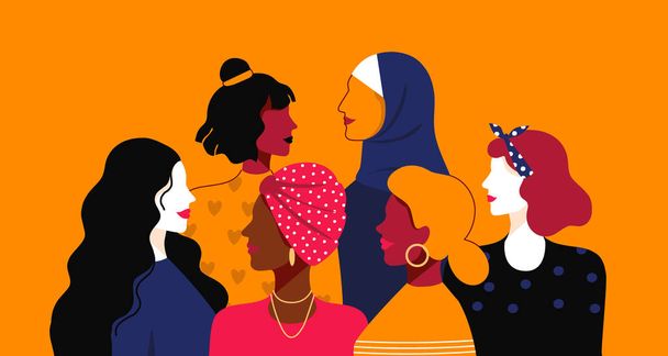 女性のエンパワメント。異なる国籍や宗教の漫画の人々。女性の権力共同体姉妹組合。連帯チームとフレンドリーなサポート、ベクトルミニマリストイラスト - ベクター画像