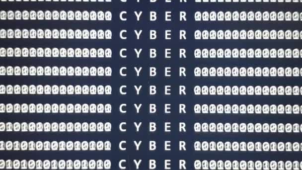 Pantalla azul de desarrollo de software con palabra CYBER. Desplazamiento de código binario. Programación de fondo oscuro - Metraje, vídeo