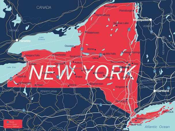 Mapa editable detallado del estado de Nueva York - Vector, Imagen