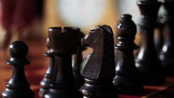 Šachovnice s vyřezávanými dřevěnými šachy. Close-Up.  - Záběry, video