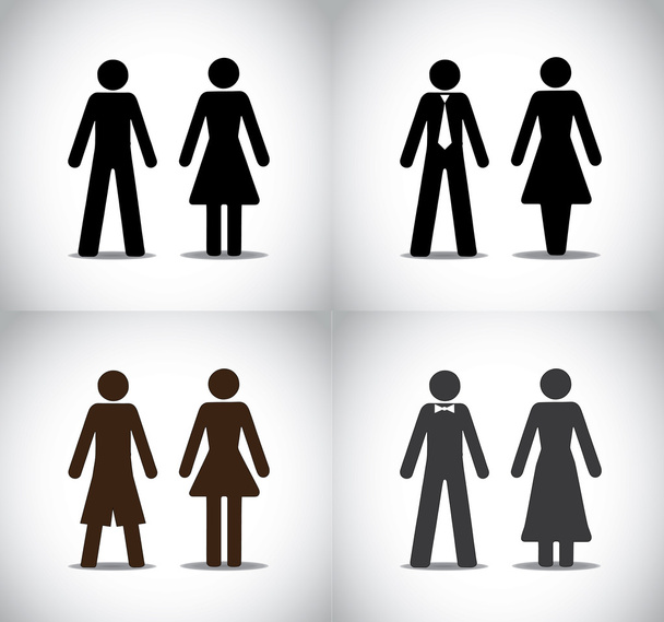 Hyvin pukeutunut mies nainen tai poika tyttö seisoo käsite symbolit asetettu. eri musta värikäs yksinkertainen mies ja nainen pysyvän kuvakkeet (yksinkertainen, ammatillinen, puolue ja loma) kokoelma
 - Valokuva, kuva