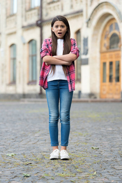 Unhappy girl child with vogue look wear casual fashion clothes urban outdoors, style - Photo, image