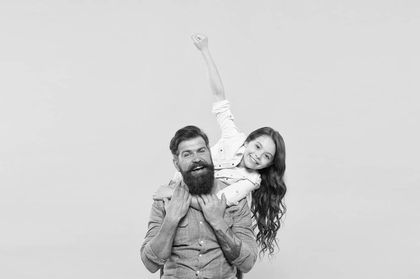 Lovely father and cute kid. Strong friendship. Father and daughter together. Family relations. Communication skills. Child and father best friends. Parenthood and childhood. Fathers day concept - Photo, Image