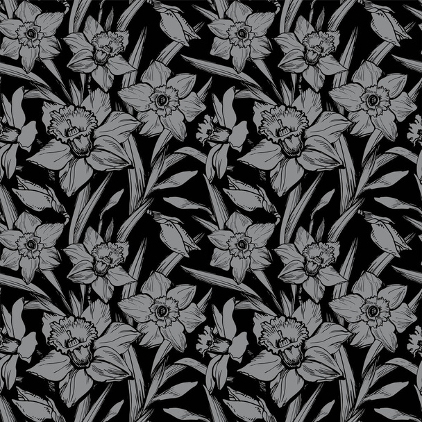 Closeup daffodil hand drawn seamless pattern on black background. - Vector, Image