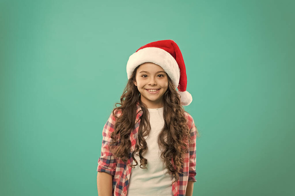 Pure joy. Winter spirit. New year party. Santa claus fancy kid. Little child in santa hat. Happy winter holidays. Small girl. Adorable smiling cute baby waiting for Santa. Celebration concept - Φωτογραφία, εικόνα