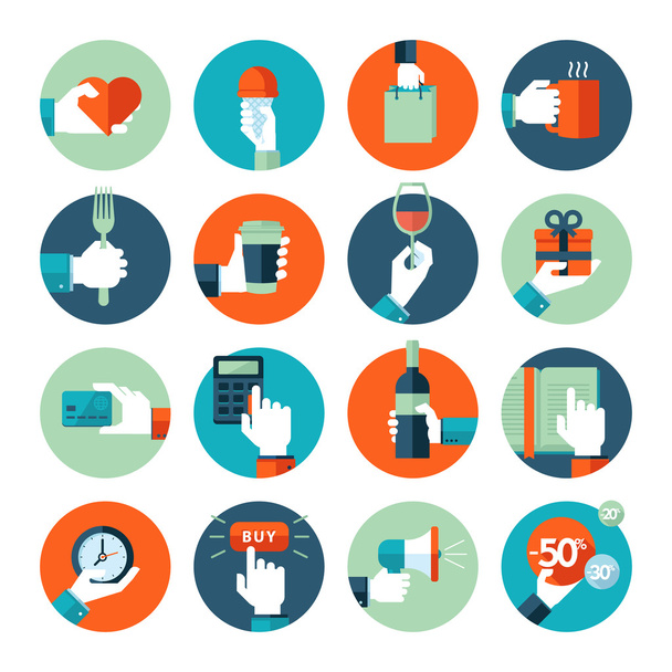 Flat design icons collection of hand using a variety of products - Vector, Image