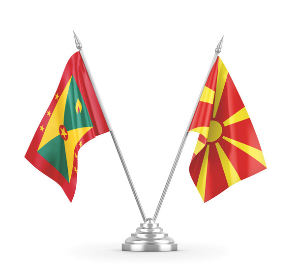 Σημαίες τραπεζιού Βόρειας Μακεδονίας και Γρενάδας απομονωμένες σε λευκή τρισδιάστατη απόδοση - Φωτογραφία, εικόνα