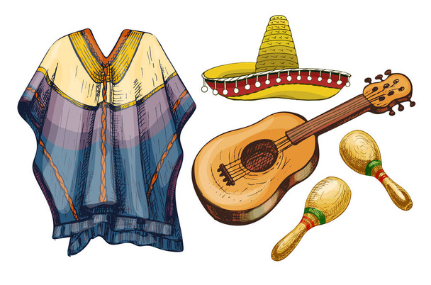 Gitarre, Maracas, Poncho und Sombrero. Vector Vintage Schraffur Farbset Illustration - Vektor, Bild