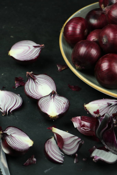 sweet red onions on background - Photo, Image