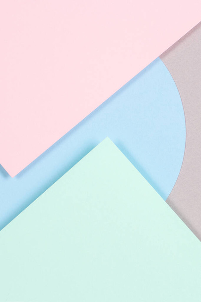 Abstract geometric texture background of fashion soft green, pastel pink, light blue, gray color paper. Top view, flat lay - Φωτογραφία, εικόνα