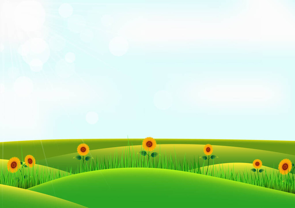Realistischer Hintergrund des Frühlings. Sonnenblume und Gras auf einem Hügel mit Himmelshintergrund - Vektor, Bild