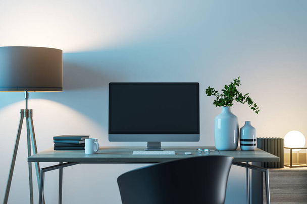 Contemporary working space with computer, supplies and lamp on desktop. Workplace and corporate concept. 3D Rendering - 写真・画像
