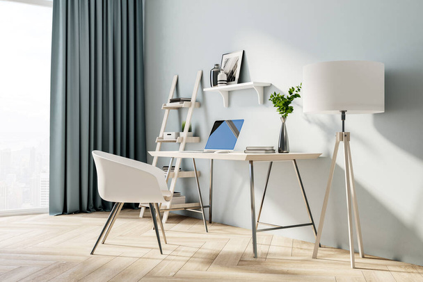Minimalistic home workplace with laptop on table and city view. Online advertisement and digital education concept. Mock up, 3D Rendering - Valokuva, kuva