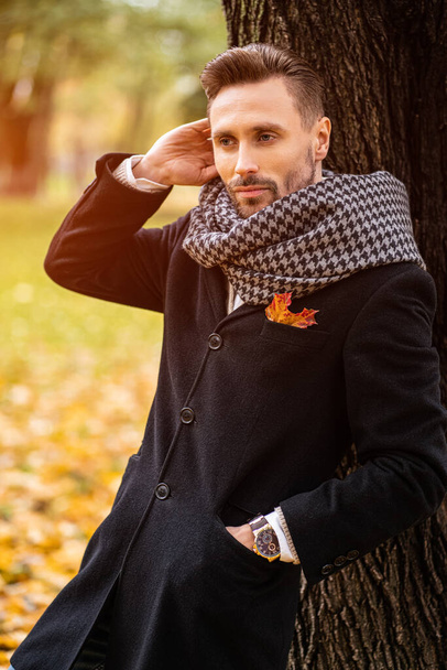 Standing leaned on the tree handsome man straightens his hair wearing dark blue coat. Young freelancer man stands on the street in an autumn coat looking happy waiting foe a date - Fotoğraf, Görsel