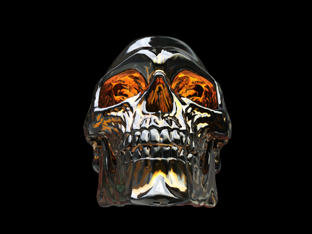 Schwermetall-Schädel mit orange leuchtenden Augen - flacher Schuss - Foto, Bild