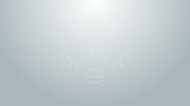 Línea azul Palos de hockey sobre hielo e icono de disco aislado sobre fondo gris. Comienza el juego. Animación gráfica de vídeo 4K - Imágenes, Vídeo
