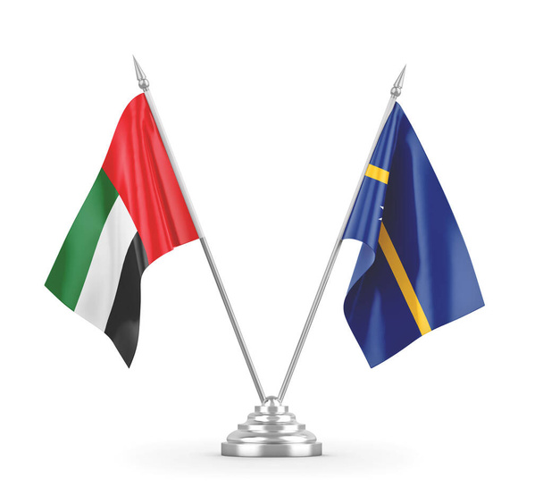Bandiere da tavolo Nauru ed Emirati Arabi Uniti isolate su rendering 3D bianco - Foto, immagini