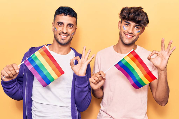 Νέοι ομοφυλόφιλοι ζευγάρι κρατώντας σημαίες ουράνιο τόξο Igbtq κάνει ok υπογράψει με τα δάχτυλα, χαμογελώντας φιλικό gesturing εξαιρετικό σύμβολο  - Φωτογραφία, εικόνα