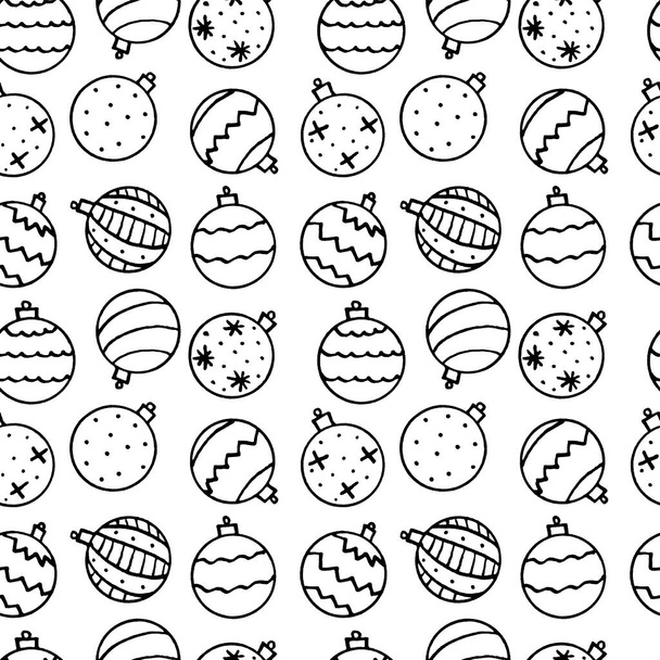 Seamless pattern with outline Christmas tree balls in row. Hand drawn New year, Xmas backgrounds and textures. For greeting cards, wrapping paper, packaging, fabric, calendars, prints, coloring book. - Zdjęcie, obraz