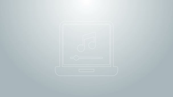 Blauwe lijn Laptop met muzieknoot symbool op het scherm pictogram geïsoleerd op grijze achtergrond. 4K Video motion grafische animatie - Video
