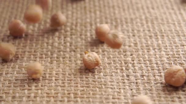 Close up of chickpeas falling on a sackcloth in slow motion. Macro shot - Footage, Video