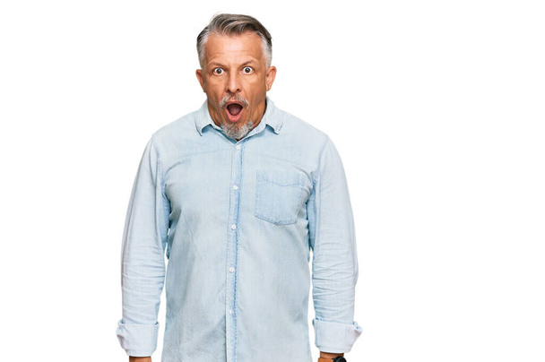 Middle age grey-haired man wearing casual clothes afraid and shocked with surprise and amazed expression, fear and excited face.  - Photo, Image