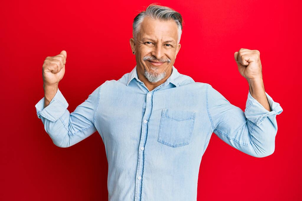 Hombre de pelo gris de mediana edad con ropa casual que muestra los músculos de los brazos sonriendo orgulloso. concepto de fitness.  - Foto, Imagen