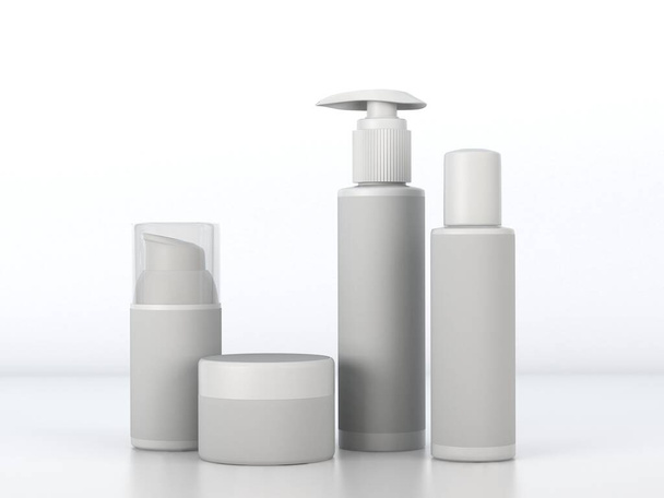 Zestaw kosmetyków białe pojemniki higieniczne w jasnym studio. 3d renderowanie - Zdjęcie, obraz