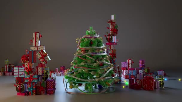 Düşen kar taneleri arka planı ve kopyalama alanı olan animasyon Noel ağacı, metin için boşluk. Altın renkli animasyon parçacıklarından yapılmış Noel ağacı. Noel havası. Parıltılı bir etki. Mutlu Noeller.  - Video, Çekim