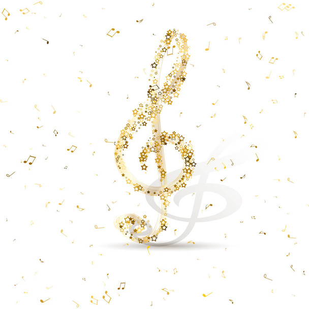  Luxus Gold Drillschlüssel des Sterns gegen fliegende zufällige goldene Noten. Schöne Notensinfonie für Festival-Banner, Print-Design, Melodie-Aufnahme, Design-Rückschichten. Vektor - Vektor, Bild