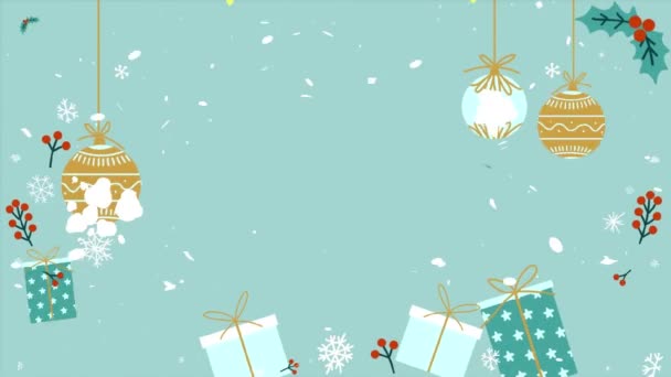 Animated Christmas tree with falling snowflakes background and copy space, space for text. Christmas tree made of gold animated particles. Christmas mood. Glittering effect. Merry Christmas Concept. - Footage, Video