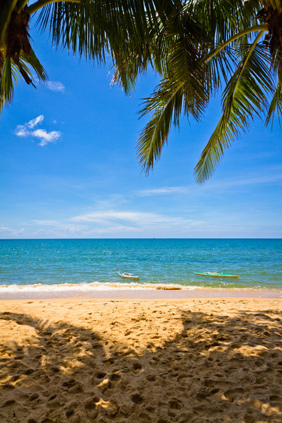 Пісочному пляжі з пальмами і каное в Phu Quoc недалеко від Донг Дуонг, В'єтнаму - Фото, зображення