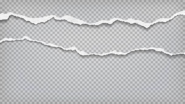 Pieces of torn, ripped white paper strips with soft shadow are on grey transparent background for text. Vector illustration - Vector, Image