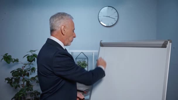 gestor de confianza dibujo gráfico en el rotafolio durante llamada de Skype en la oficina - Metraje, vídeo