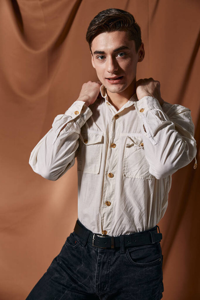 Handsome man holding hands on shoulders self confident elegant style model - Zdjęcie, obraz