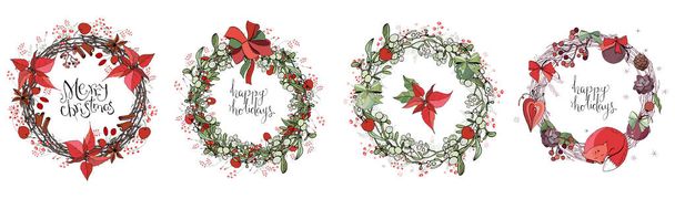 Pretty wreaths with Christmas decoration. Round garland decorated with season festive elements. Calligraphy phrase Merry Christmas. For season greeting cards, posters,advertisement. Vintage style. - Foto, Imagen