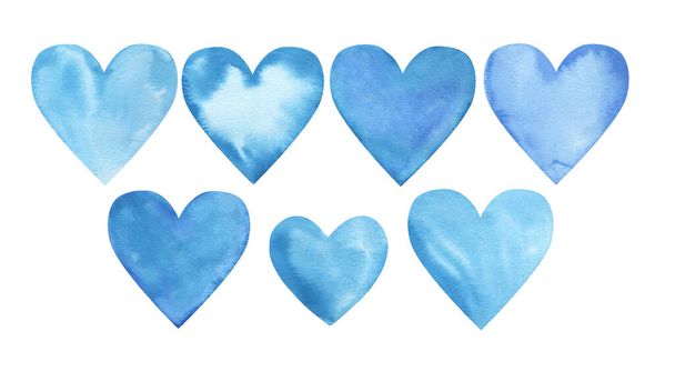 Akvarell készlet kék szív fehér háttér - Fotó, kép